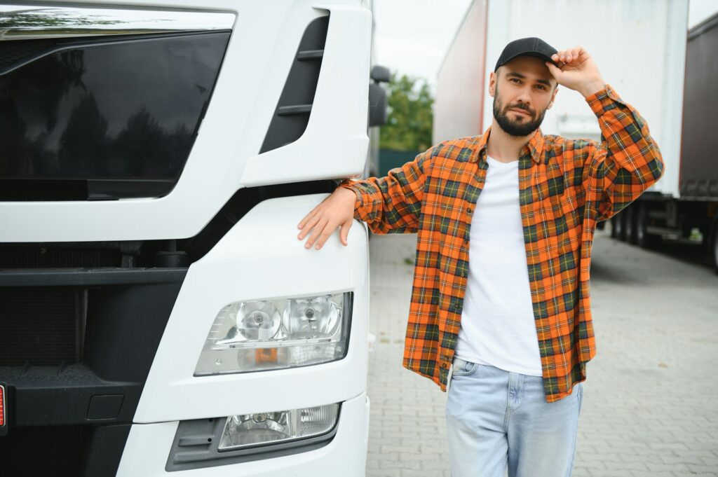 Men driver near lorry truck. Man owner truck driver near truck. Man trucker trucking owner.